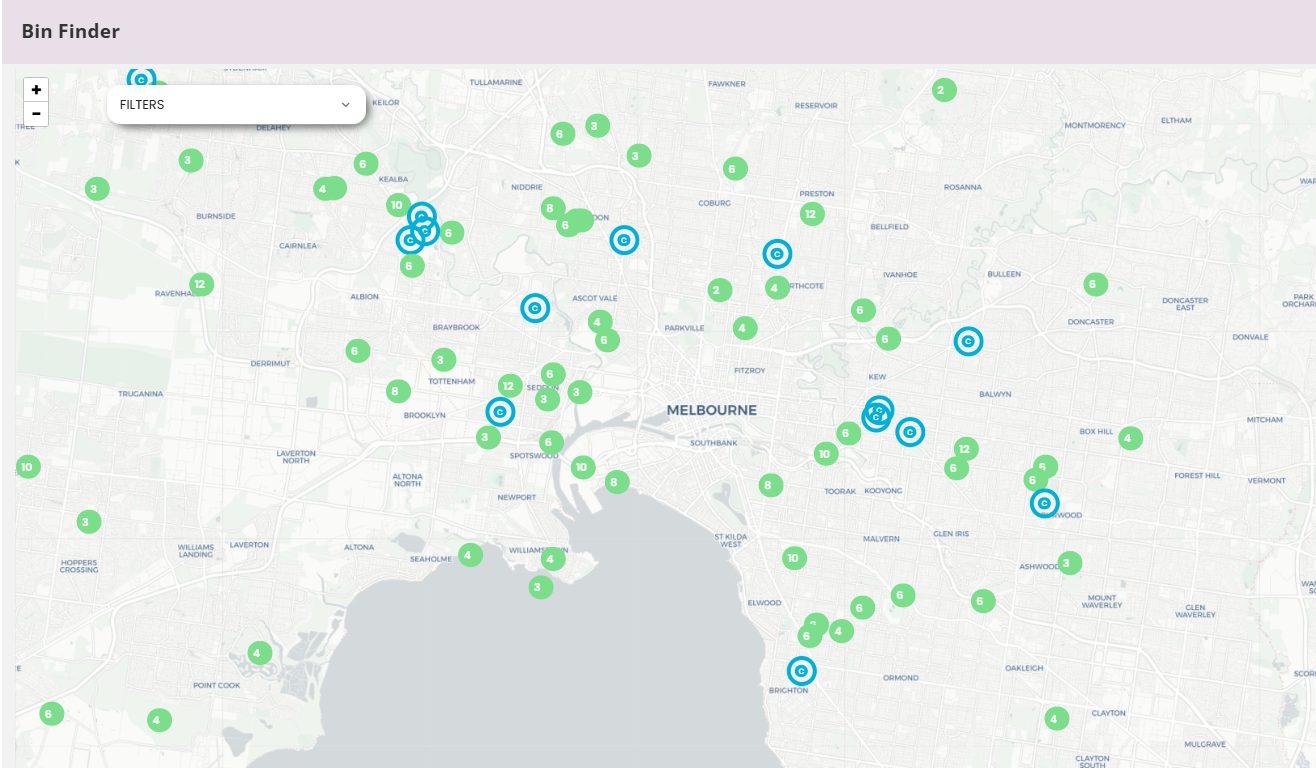 Skip bins and trucks plotted across Melbourne on the CloudBin bin finder map